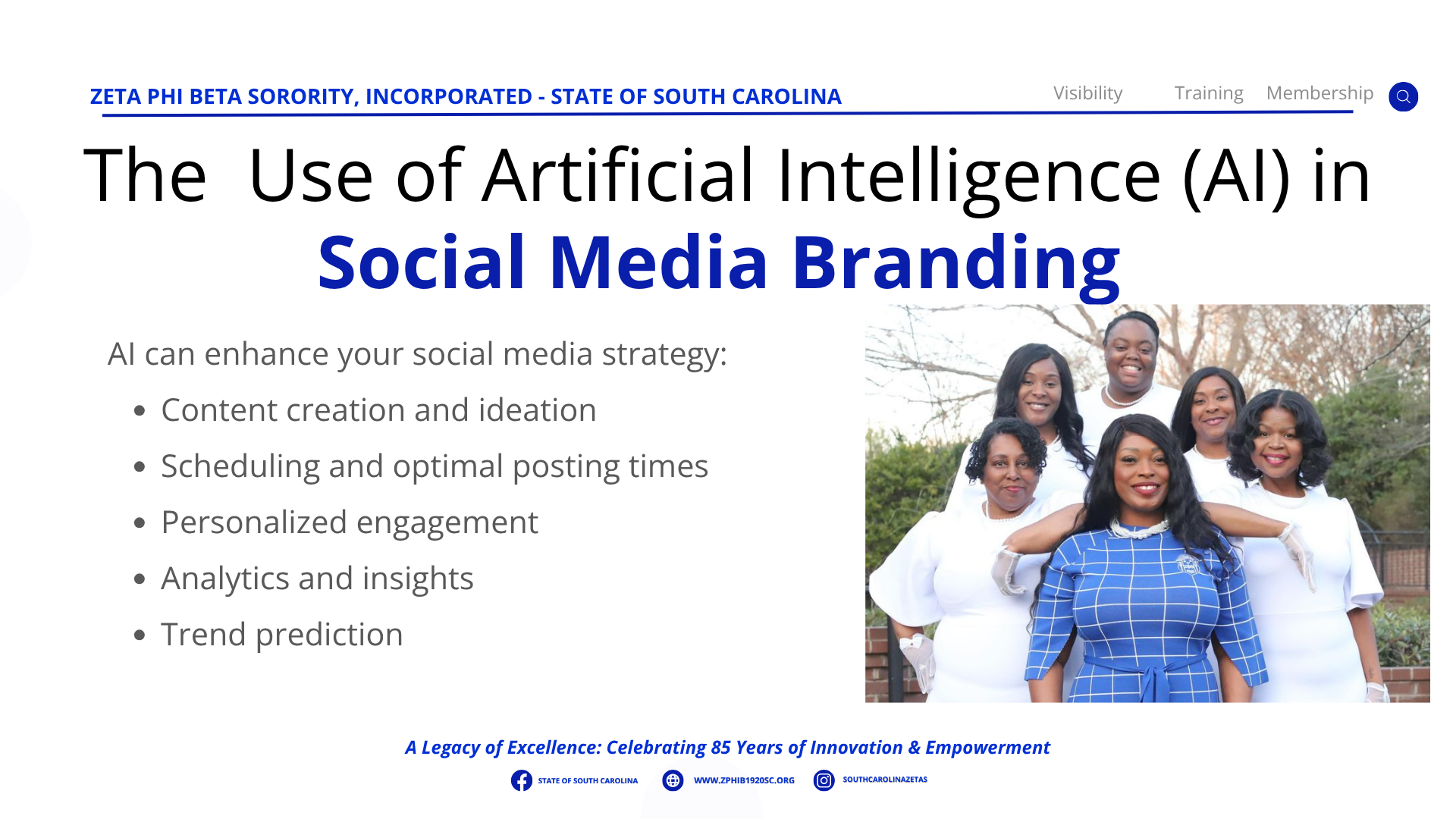 State website page titled The Use of Artificial Intelligence (AI) in Social Media Branding, listing practical uses from content creation to trend prediction
