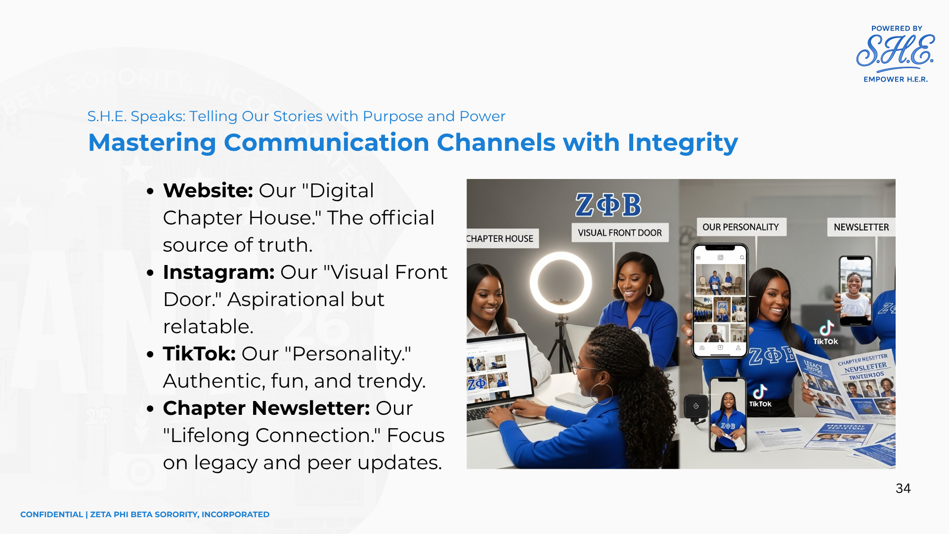 Slide titled Mastering Communication Channels with Integrity describing the role of website, Instagram, TikTok, and chapter newsletters