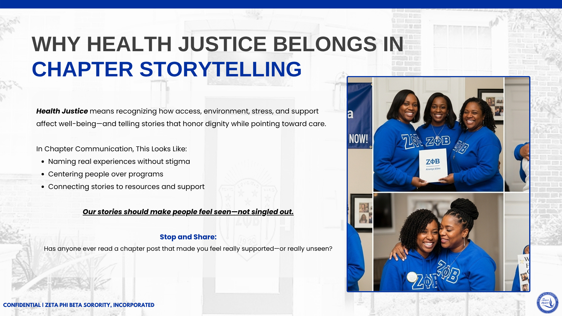 Slide about centering people and dignity in health justice chapter storytelling