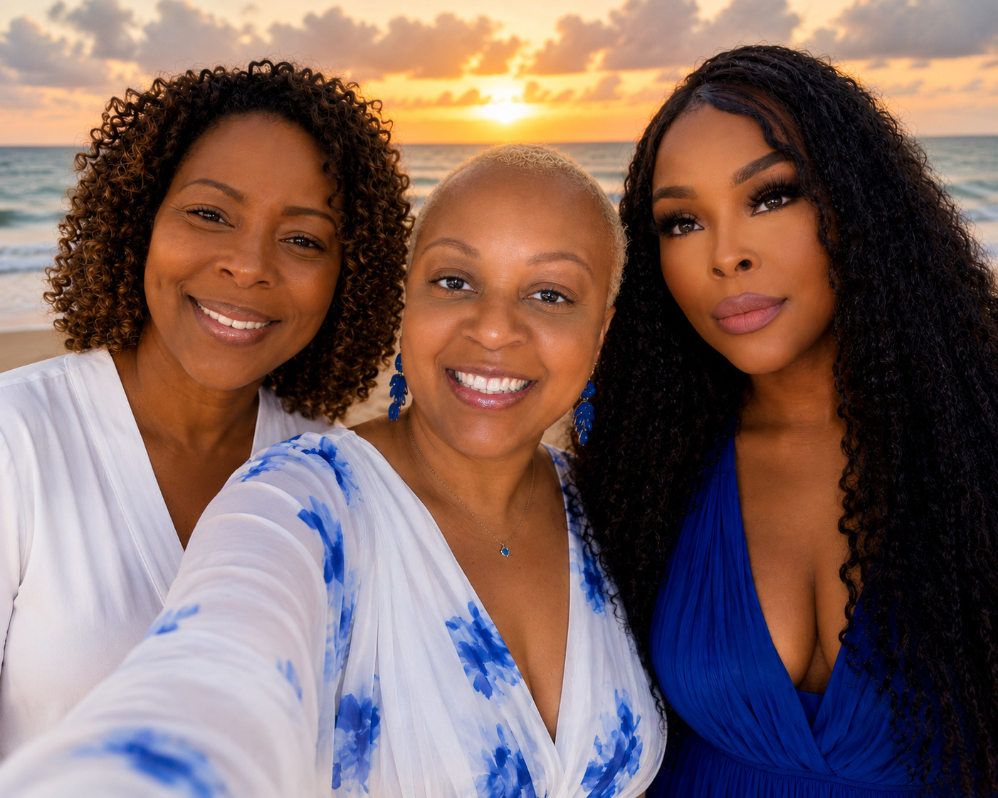 Latoya Jeeter smiling on the beach at sunset with two family members