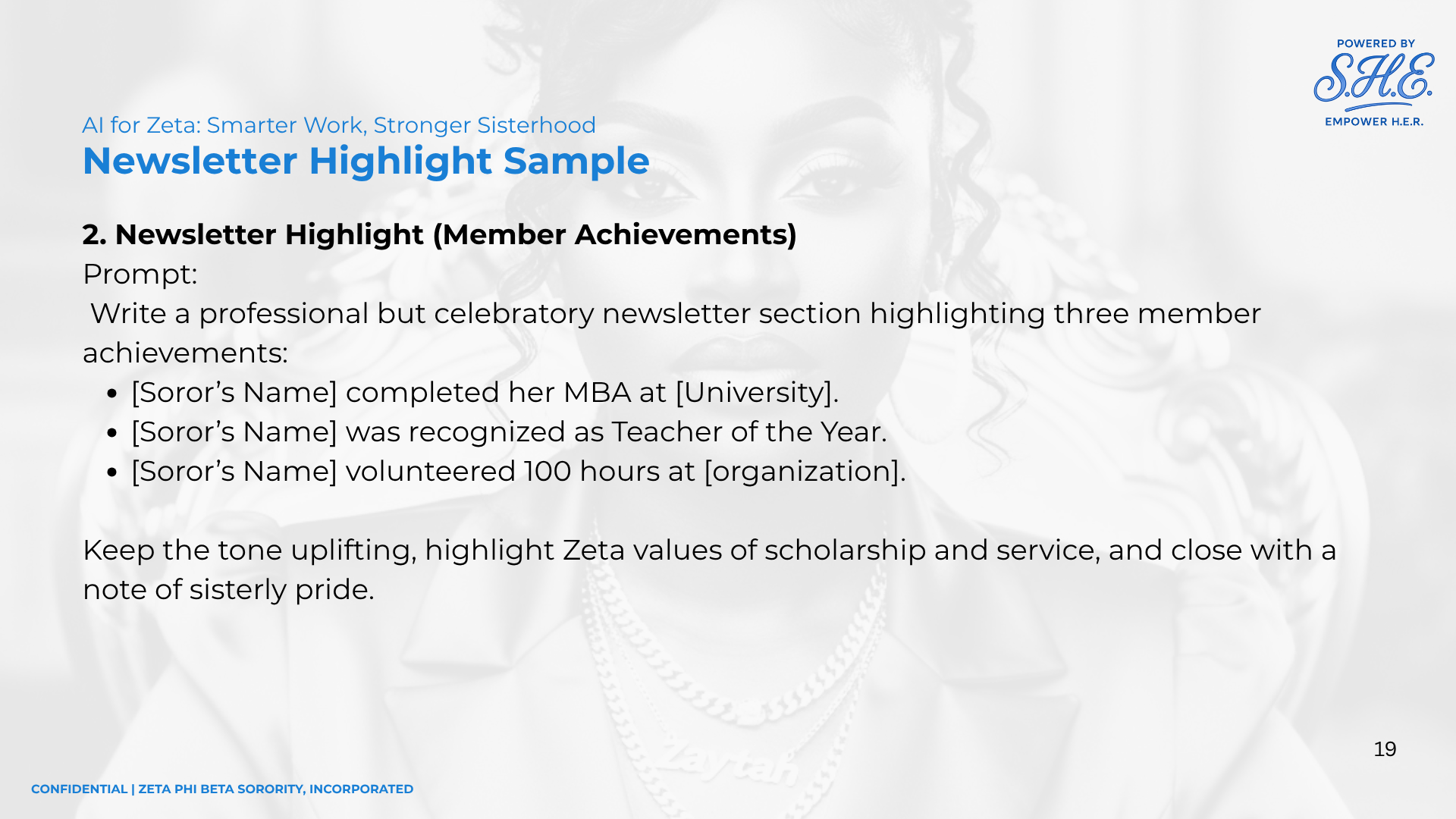 Slide titled Newsletter Highlight Sample showing how member achievements move into the newsletter and the archive