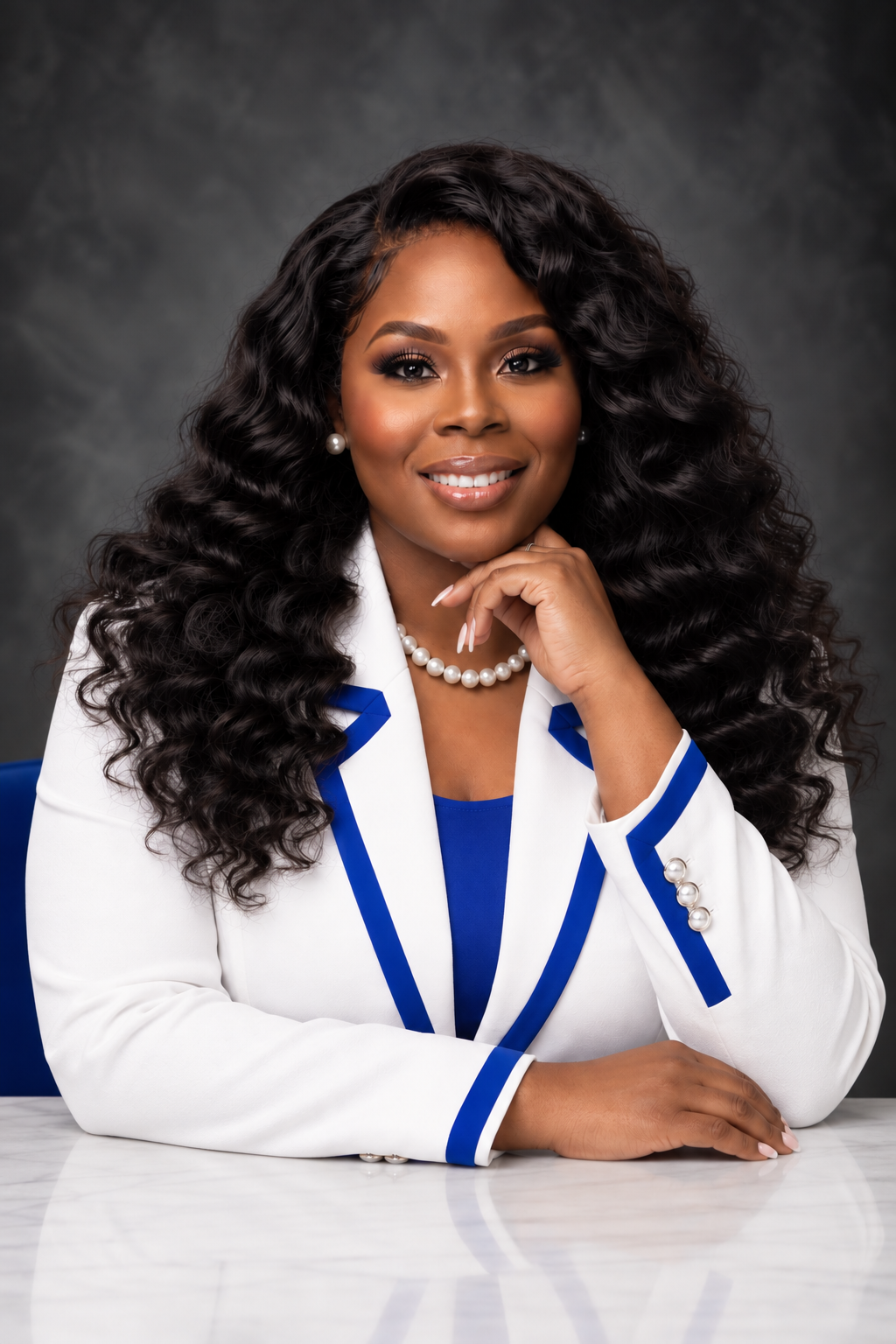 Latoya Jeeter seated at a marble table in a white suit with royal blue trim